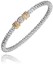 An elegant silver bracelet from Alwand Vahan Jewelry, featuring a 3MM closed band with a textured rope design and a central 0.05CT golden accent adorned with an oval-shaped diamond. The intricate detailing of the golden accent adds sophistication to the sleek and refined appearance of this Size B bracelet, product number 23414D03.