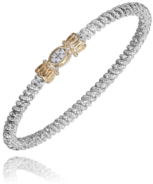 An elegant silver bracelet from Alwand Vahan Jewelry, featuring a 3MM closed band with a textured rope design and a central 0.05CT golden accent adorned with an oval-shaped diamond. The intricate detailing of the golden accent adds sophistication to the sleek and refined appearance of this Size B bracelet, product number 23414D03.