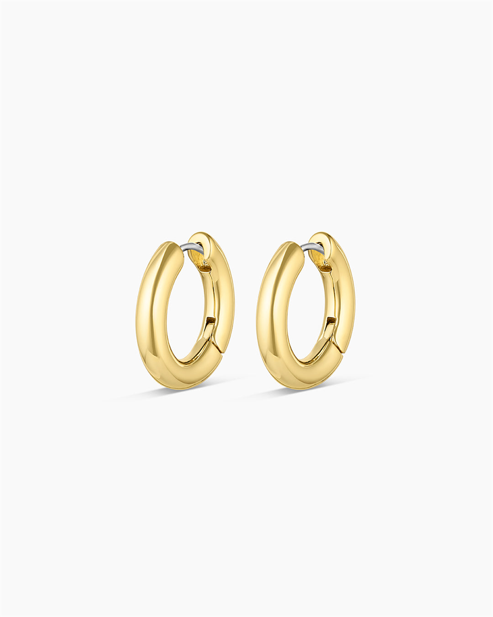 A pair of Gorjana Lou Hoops with a chunky, polished design and 18k gold plated shine, shown on a plain white background.