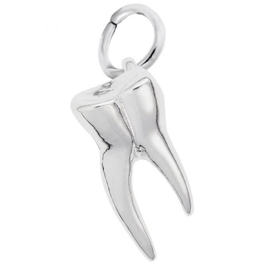 Introducing the Tooth Charm / Sterling Silver from Rembrandt Charms: This exquisite charm, crafted in sterling silver, is shaped like a molar tooth and features intricate grooves and contours for a realistic appearance. A small circular loop at the top allows for easy attachment. Its polished finish adds an elegant touch, making it an ideal gift choice. The backdrop highlights the piece against a plain white background.
