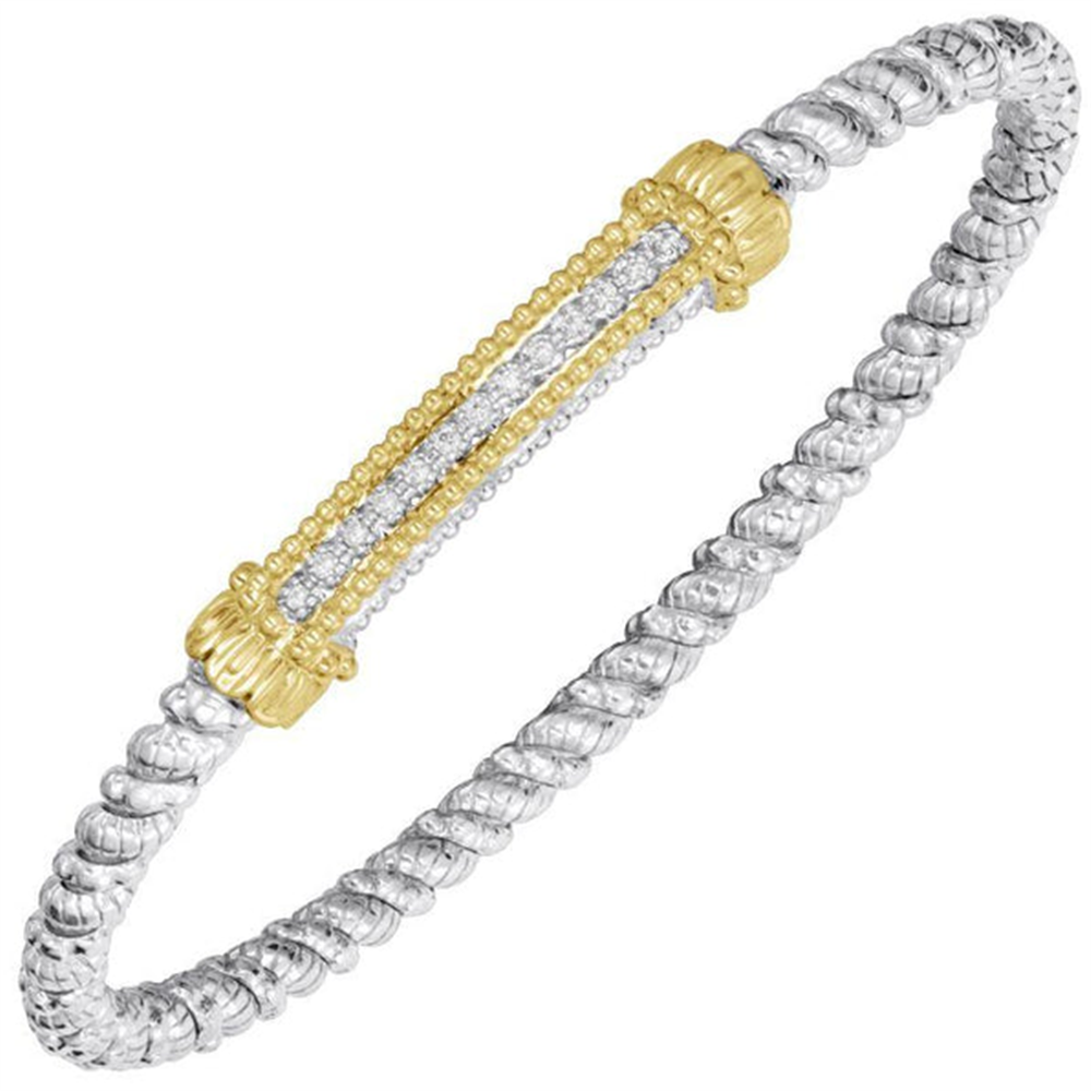 Introducing the Alwand Vahan Jewelry 4mm Closed Bangle Bracelet, crafted from sterling silver with a central 14k gold accent and adorned with 0.10ct D diamonds, featuring intricate bead detailing for an elegant touch.