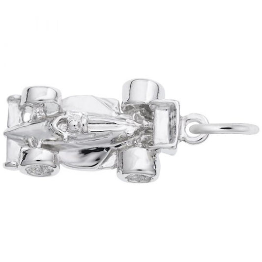 The Rembrandt Charms Small Open Wheel Racecar Charm, crafted from sterling silver, intricately features detailed elements such as the car's body, wheels, and spoilers.