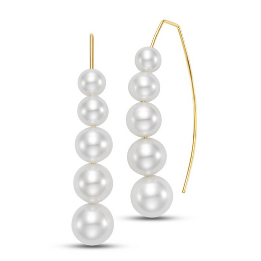 The Mastoloni Pearls 5-8.5MM Freshwater Pearl Graduated Drop Wire Earrings feature five vertically stacked white freshwater pearls on each earring with delicate curved gold wire hooks.