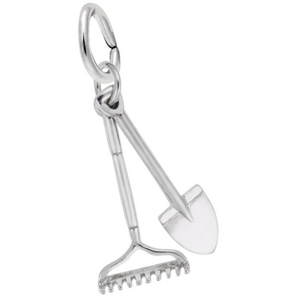 The Rembrandt Charms Rake and Shovel Charm is made of sterling silver and features intricately detailed miniature gardening tools. Each charm is attached to a small loop, making it perfect for adding to a bracelet or necklace.