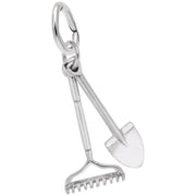 The Rembrandt Charms Rake and Shovel Charm is made of sterling silver and features intricately detailed miniature gardening tools. Each charm is attached to a small loop, making it perfect for adding to a bracelet or necklace.