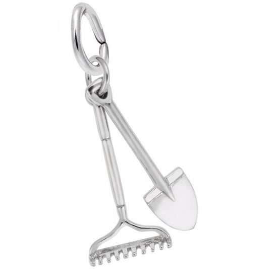 The Rembrandt Charms Rake and Shovel Charm is made of sterling silver and features intricately detailed miniature gardening tools. Each charm is attached to a small loop, making it perfect for adding to a bracelet or necklace.