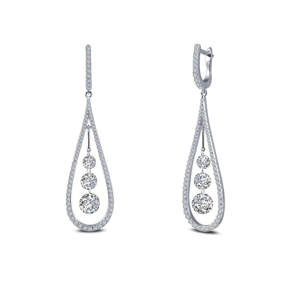 Introducing the Fancy Hoop Drop Earrings by Lafonn: These elegant teardrop-shaped earrings are expertly crafted in sterling silver and adorned with small diamonds along the edges. Each earring features three graduated round-cut diamonds suspended in the center, delivering a delicate and luxurious look.