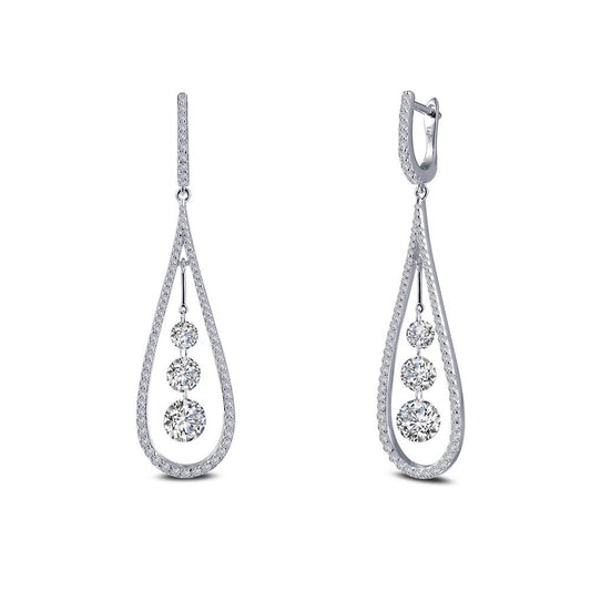 Introducing the Fancy Hoop Drop Earrings by Lafonn: These elegant teardrop-shaped earrings are expertly crafted in sterling silver and adorned with small diamonds along the edges. Each earring features three graduated round-cut diamonds suspended in the center, delivering a delicate and luxurious look.