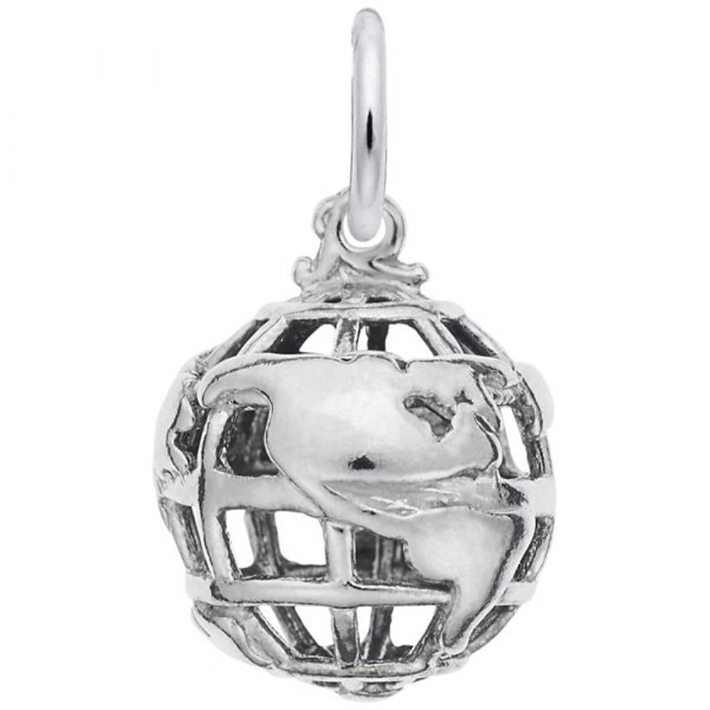 The Rembrandt Charms World Globe Charm, crafted from sterling silver, features a cutout design showcasing the continents. The charm includes a loop at the top for easy attachment to a necklace or bracelet.