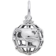 The Rembrandt Charms World Globe Charm, crafted from sterling silver, features a cutout design showcasing the continents. The charm includes a loop at the top for easy attachment to a necklace or bracelet.
