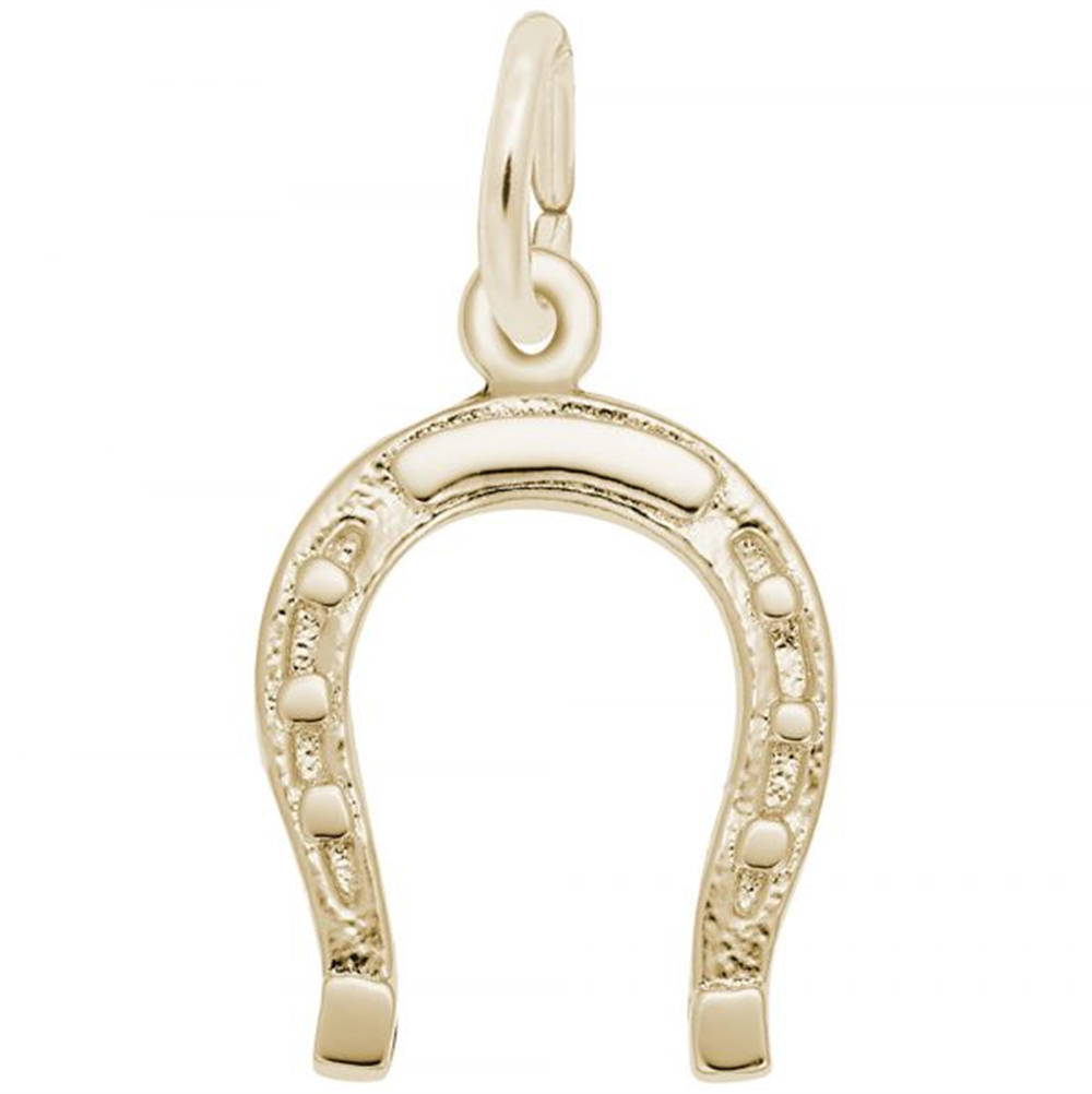 Discover the Lucky Horseshoe Charm- Gold Plated by Rembrandt Charms—a beautifully detailed gold horseshoe-shaped pendant with a small loop at the top for easy attachment to a necklace or bracelet. This upward-curving charm not only symbolizes good luck but also makes a thoughtful piece of good luck jewelry and an ideal gift for horse lovers.