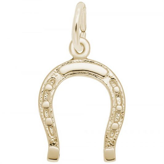 Introducing the Horseshoe - GP by Rembrandt Charms, an elegant piece featuring a gold horseshoe pendant with intricate engraved details and a small loop at the top for effortless attachment to any necklace or bracelet.