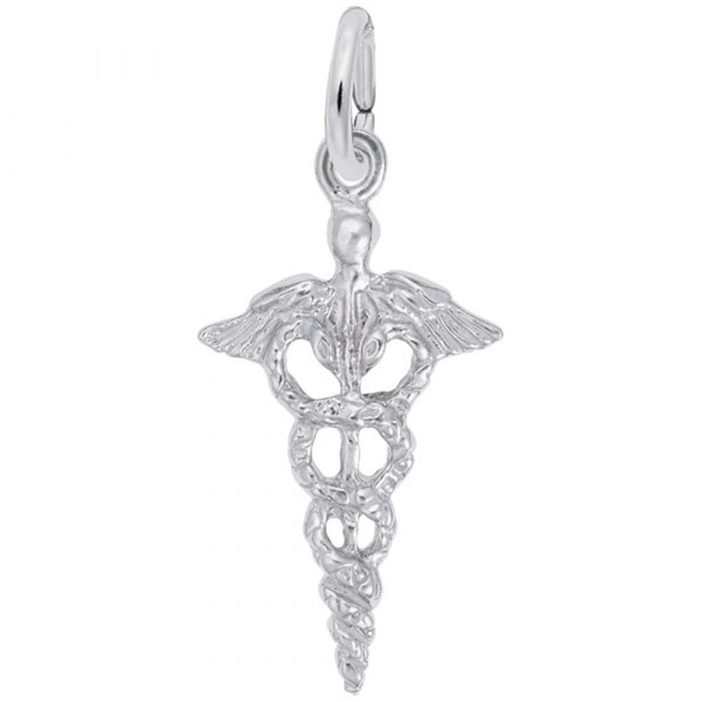 The Caduceus Charm - Sterling Silver by Rembrandt Charms is an elegant pendant featuring two entwined serpents and wings, making it a meaningful accessory and a thoughtful gift for healthcare professionals. This beautifully crafted medical symbol charm from Rembrandt Charms represents medicine and care in every detail.