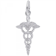 The Caduceus Charm - Sterling Silver by Rembrandt Charms is an elegant pendant featuring two entwined serpents and wings, making it a meaningful accessory and a thoughtful gift for healthcare professionals. This beautifully crafted medical symbol charm from Rembrandt Charms represents medicine and care in every detail.
