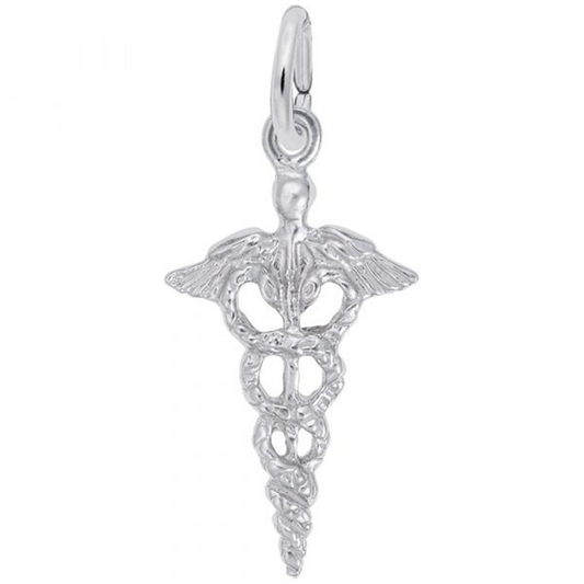 The CADUCEUS by Rembrandt Charms is a silver pendant featuring the classic medical symbol with two serpents entwined around a winged staff.