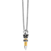 The King Baby .22 Caliber Bullet Silver Necklace features a chic .925 sterling silver chain, adorned with an eye-catching bullet pendant that showcases a sophisticated gold and silver color scheme. The pendant is crowned with an intricate design and inscribed with "BABY-52" near its base. Handmade in the USA, this piece seamlessly blends elegance with expert craftsmanship.