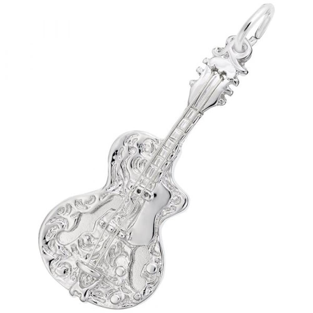 The Rembrandt Charms Guitar with Strings Charm, made from sterling silver, boasts intricate, decorative engravings and includes a small loop at the top for attaching to a chain or bracelet. The ornate design features elaborate patterns on the guitar's body, offering an exquisite look that highlights its strings.