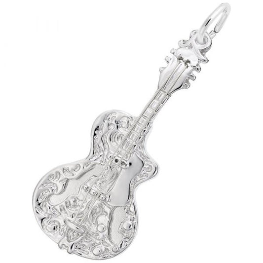 The Rembrandt Charms Guitar with Strings Charm, made from sterling silver, boasts intricate, decorative engravings and includes a small loop at the top for attaching to a chain or bracelet. The ornate design features elaborate patterns on the guitar's body, offering an exquisite look that highlights its strings.