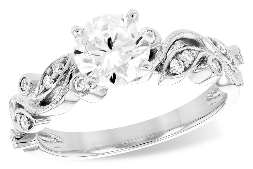 A beautiful Allison Kaufman Floral Engagement Ring featuring a 2ct head, crafted in 14k white gold and designed with intricate floral details, semi set with delicate accents along the band.
