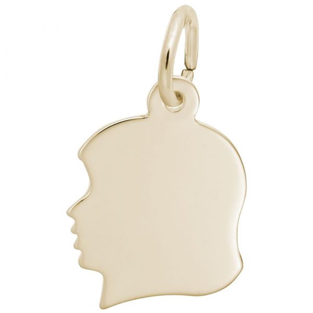 The Girls Head Gold-Plated Charm / Sterling Silver by Rembrandt Charms is a pendant shaped like a girl's head, featuring a side view of a young face with short hair. It includes a small loop at the top for attaching to a necklace or bracelet.