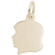 The Girls Head Gold-Plated Charm / Sterling Silver by Rembrandt Charms is a pendant shaped like a girl's head, featuring a side view of a young face with short hair. It includes a small loop at the top for attaching to a necklace or bracelet.