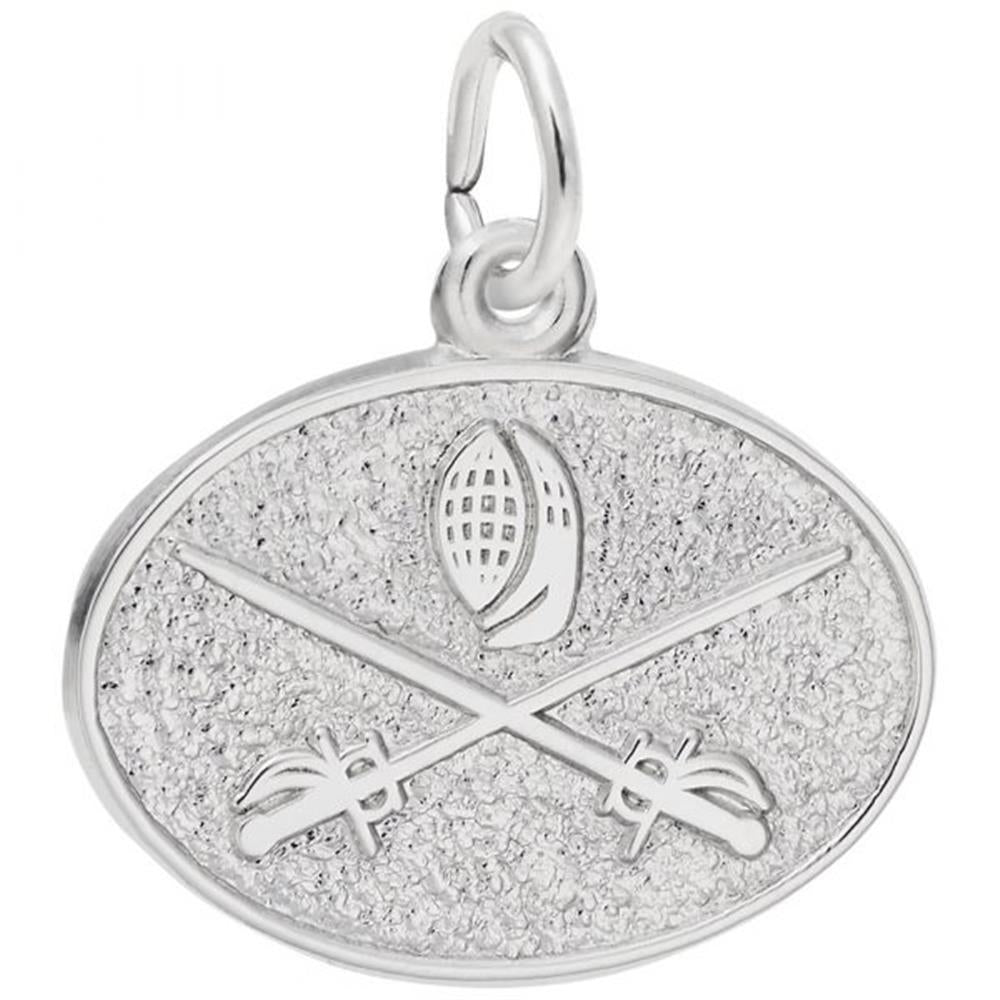 The Rembrandt Charms Fencing Oval Disc Charm in sterling silver features a detailed design of a fencing mask above two crossed fencing swords, set against a textured background. The charm includes a small loop at the top for easy attachment to a necklace or bracelet.
