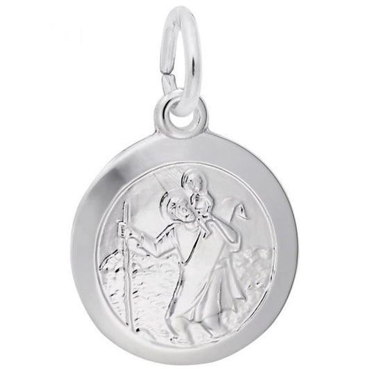 The Rembrandt Charms St. Christopher Charm is a round, sterling silver pendant that beautifully showcases a raised depiction of St. Christopher carrying a child on his shoulders. The figure holds a staff and appears to be walking, symbolizing faith and protection. A loop at the top provides easy attachment to a necklace or chain.