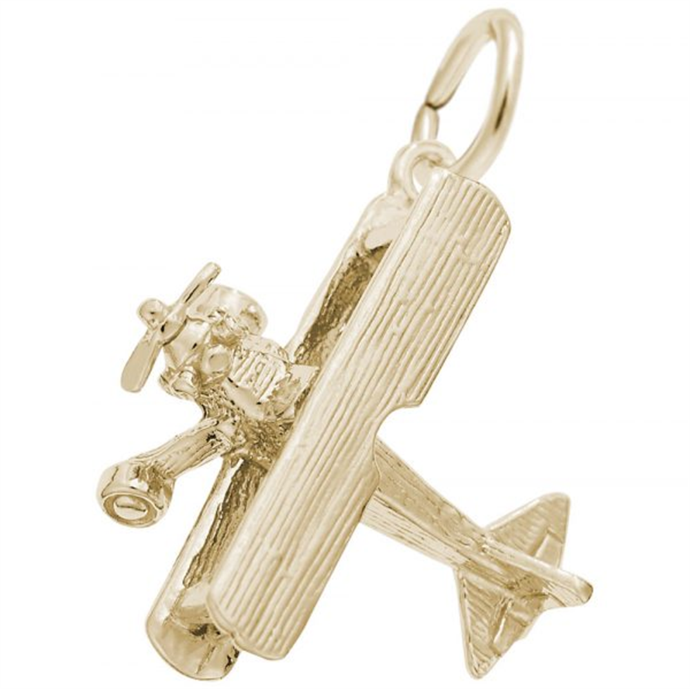 Introducing the Biplane Charm- Gold Plated Sterling Silver by Rembrandt Charms—a unique piece of aviation jewelry crafted in the shape of a vintage aircraft, complete with detailed wings, tail, and propeller. This charm features a convenient loop on top for easy attachment to your bracelet or necklace, making it an ideal gift for pilots or anyone passionate about flying.
