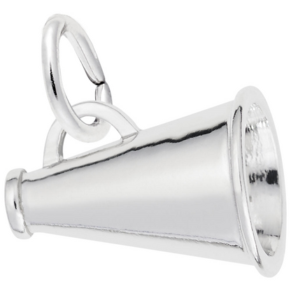 The Rembrandt Charms Megaphone Charm—crafted in sterling silver—features a gleaming finish and a convenient loop at the top for easy attachment to a bracelet or necklace, making it an ideal gift for any cheerleader.