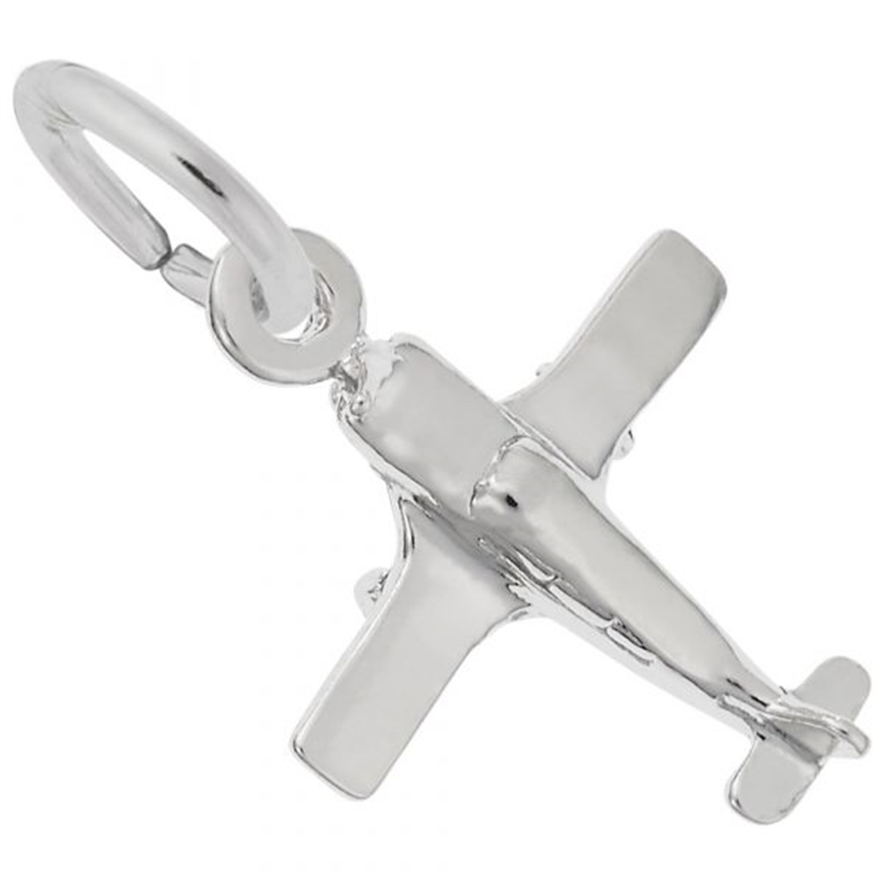 The Rembrandt Charms Airplane Charm- Sterling Silver features a sleek airplane design with a loop at the top for easy attachment to a bracelet or necklace, shown from above on a plain white background—making it a perfect travel keepsake and thoughtful aviation-themed gift.