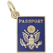 The Passport Charm from Rembrandt Charms is a rectangular keychain designed to look like the cover of a U.S. passport, featuring a dark blue background embellished with "PASSPORT" and the United States emblem—a gold-plated eagle with a shield. This delightful accessory includes a keyring attached to the top left corner.