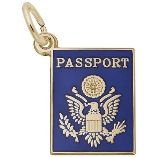 The Passport Charm from Rembrandt Charms is a rectangular keychain designed to look like the cover of a U.S. passport, featuring a dark blue background embellished with "PASSPORT" and the United States emblem—a gold-plated eagle with a shield. This delightful accessory includes a keyring attached to the top left corner.