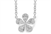 A close-up of the Allison Kaufman Flower Diamond 14K White Gold Necklace highlights a stunning silver flower-shaped pendant. Each of the five diamond-like petals, adorned with sparkling clear stones, gracefully hangs from a luxurious 14K white gold chain.
