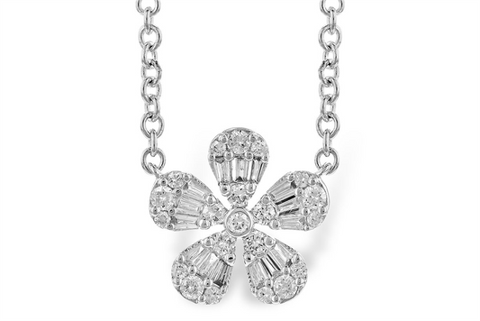 A close-up of the Allison Kaufman Flower Diamond 14K White Gold Necklace highlights a stunning silver flower-shaped pendant. Each of the five diamond-like petals, adorned with sparkling clear stones, gracefully hangs from a luxurious 14K white gold chain.