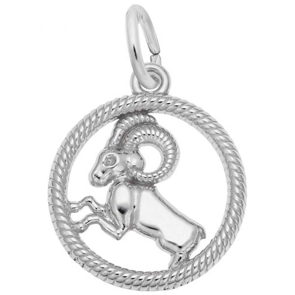  'Sterling silver charm depicting the Aries ram within a rope-bordered circle. Style 4773, 0.61 in x 0.61 in (15.5 mm x 15.5 mm).'