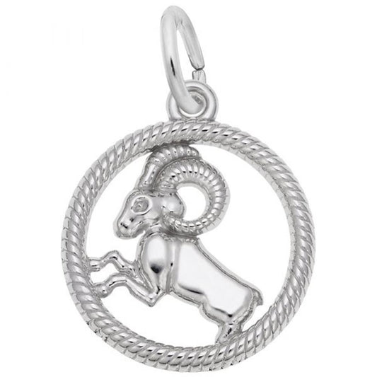  'Sterling silver charm depicting the Aries ram within a rope-bordered circle. Style 4773, 0.61 in x 0.61 in (15.5 mm x 15.5 mm).'