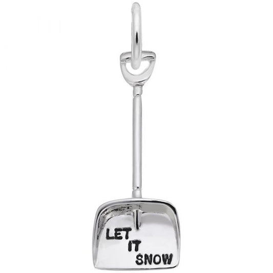 A detailed image of the Sterling Silver Let It Snow Shovel Charm by Rembrandt Charms. This charm features a finely crafted snow shovel design, measuring 0.39 inches by 0.92 inches (9.91 mm by 23.26 mm). The charm captures the essence of winter with its polished sterling silver finish, perfect for adding a touch of seasonal cheer to any charm bracelet or necklace. Style number 3433.