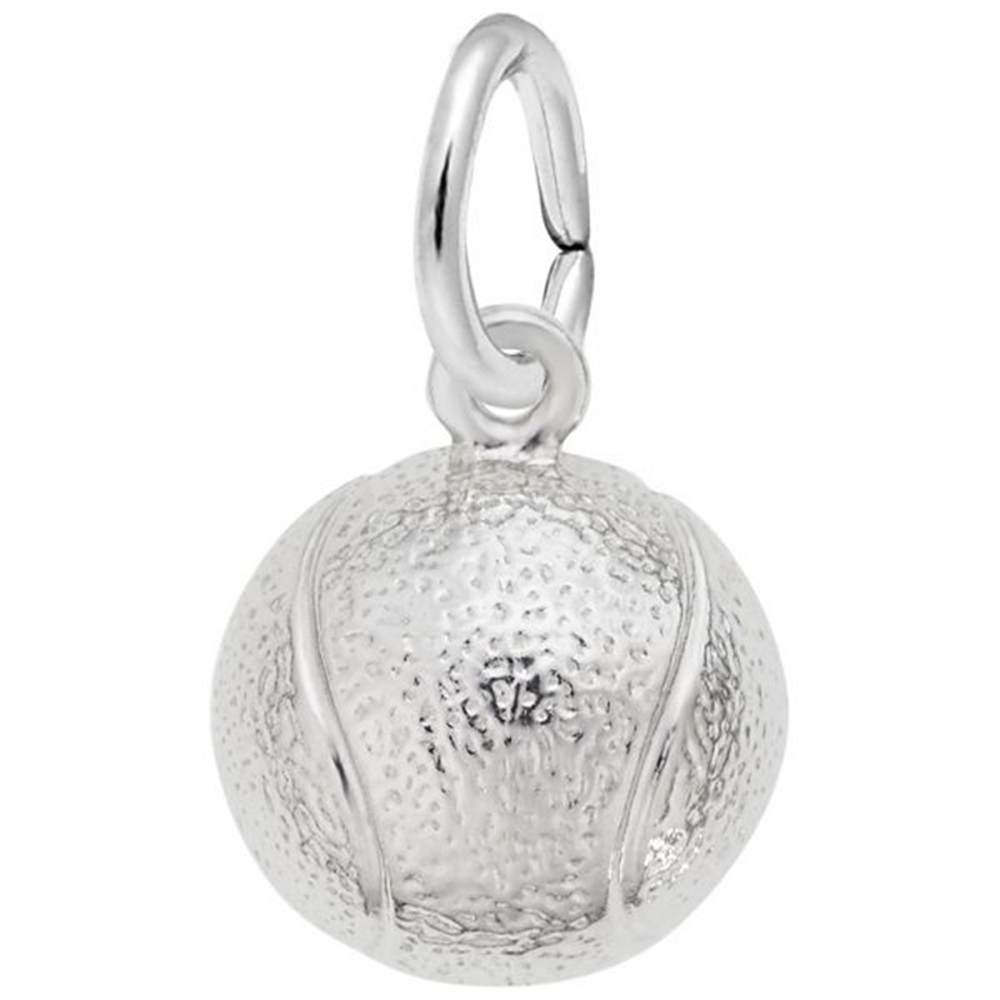 A textured sterling silver charm shaped like a tennis ball, featuring finely engraved lines and a loop at the top for easy attachment to a bracelet or necklace. The Tennis Ball Half Charm by Rembrandt Charms is perfect for mixing and matching with other sports-themed jewelry, such as basketball charms. An ideal gift for tennis players or anyone who loves collecting unique tennis jewelry.