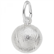 A textured sterling silver charm shaped like a tennis ball, featuring finely engraved lines and a loop at the top for easy attachment to a bracelet or necklace. The Tennis Ball Half Charm by Rembrandt Charms is perfect for mixing and matching with other sports-themed jewelry, such as basketball charms. An ideal gift for tennis players or anyone who loves collecting unique tennis jewelry.