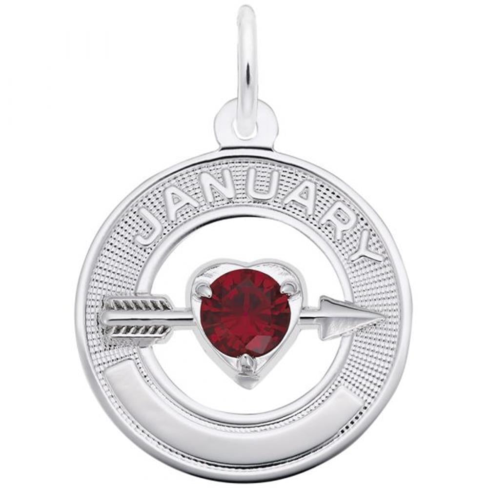 The Rembrandt Charms January Birthstone Charm in Sterling Silver is a circular pendant featuring the word "January" engraved at the top. It showcases a red, heart-shaped gemstone pierced by a silver arrow and includes intricate textured detailing on the outer ring. A small loop at the top allows for easy attachment to a chain, and it is crafted from elegant sterling silver.