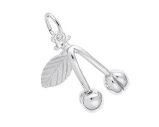 The Rembrandt Charms Cherries Charm in sterling silver is shaped like two cherries with a single leaf attached to the stem. This charming accessory features a small loop at the top for attaching to a chain.