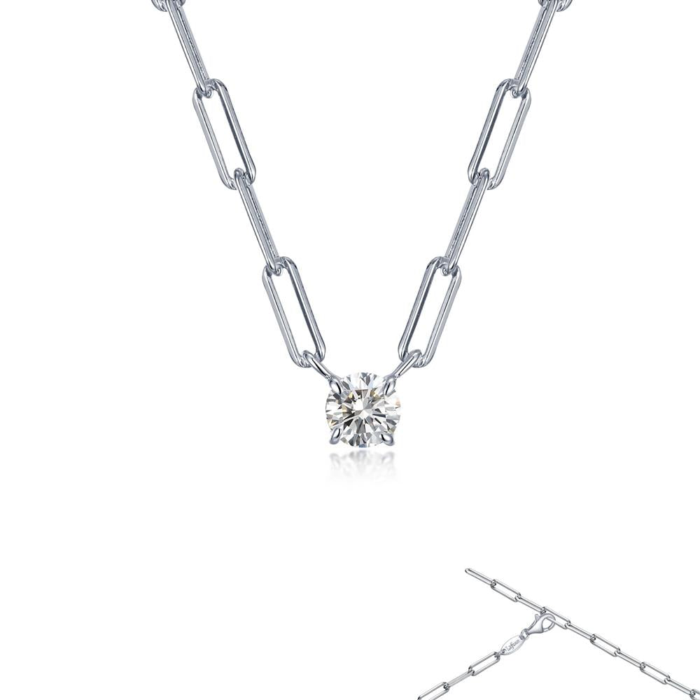 The Lafonn Paperclip Necklace - 20" Chain is a silver necklace featuring elongated rectangular links and a round-cut diamond pendant at its center. This elegant piece is displayed against a white background, with a close-up detail of the chain links shown in the bottom right corner.