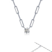 The Lafonn Paperclip Necklace - 20" Chain is a silver necklace featuring elongated rectangular links and a round-cut diamond pendant at its center. This elegant piece is displayed against a white background, with a close-up detail of the chain links shown in the bottom right corner.