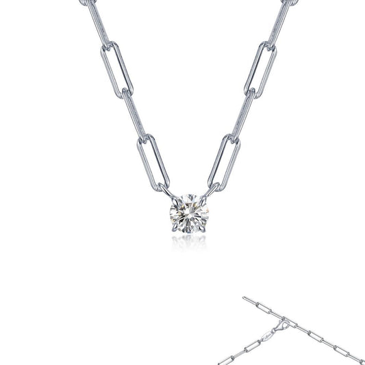 The Lafonn Paperclip Necklace - 20" Chain is a silver necklace featuring elongated rectangular links and a round-cut diamond pendant at its center. This elegant piece is displayed against a white background, with a close-up detail of the chain links shown in the bottom right corner.
