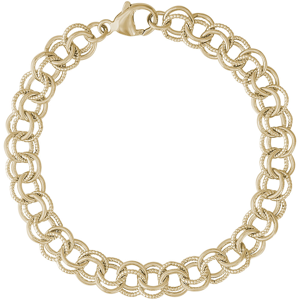 The Rembrandt Charms Twisted Cable Double Link Classic Bracelet is a 7" gold plated piece with thick interlocking rounded links and a lobster clasp, shown in a circular shape against a white background.