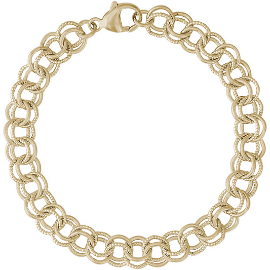 The Rembrandt Charms Twisted Cable Double Link Classic Bracelet is a 7" gold plated piece with thick interlocking rounded links and a lobster clasp, shown in a circular shape against a white background.