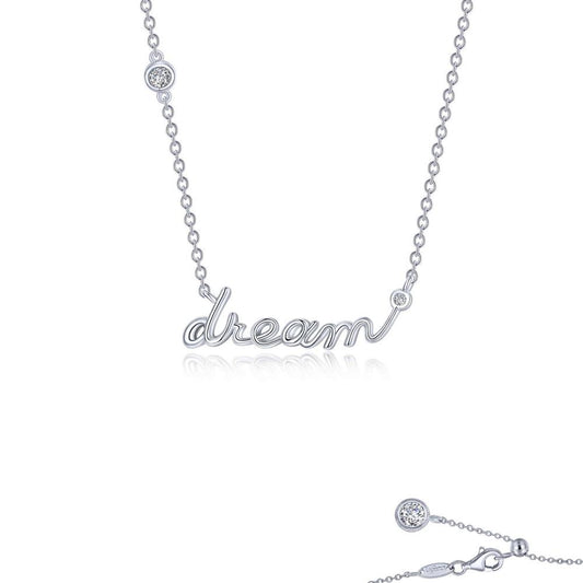The Dream Word Necklace by Lafonn is a sterling silver piece, bonded with platinum, showcasing the word "dream" in elegant cursive script. Adorned with diamond-like stones at the beginning, middle, and end of the word, the necklace also features a chain with a clasp and a dangling charm for an added touch of sophistication and delicacy.