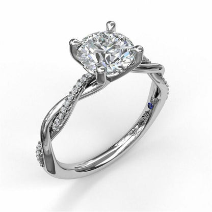 The image features a 14K White Gold and Diamond Twist Engagement Ring by FANA, showcasing a large round-cut diamond set in a four-prong setting. The band's superior craftsmanship is evident in its intricate twisted design adorned with smaller conflict-free diamonds, enhancing the ring's sparkle and elegance.