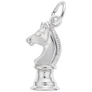 The Rembrandt Charms Chess Knight Charm in sterling silver features a loop at the top for easy attachment to a chain or bracelet. This finely detailed piece is polished to a smooth finish and showcases the iconic horse head and base design that symbolizes the chess knight piece.
