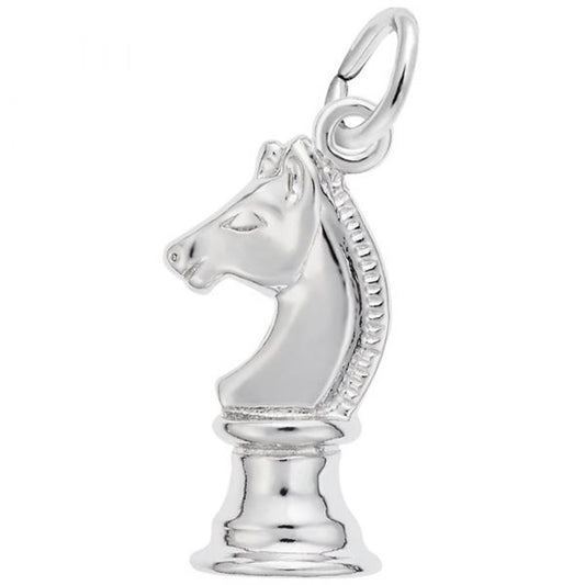 The Rembrandt Charms Chess Knight Charm in sterling silver features a loop at the top for easy attachment to a chain or bracelet. This finely detailed piece is polished to a smooth finish and showcases the iconic horse head and base design that symbolizes the chess knight piece.